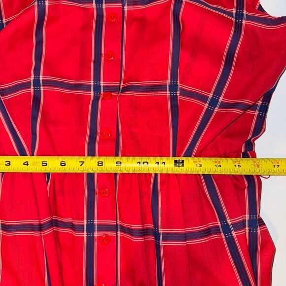 Vintage 50s Serbin Petite Red & Navy Plaid Belted Button-Front Dress | Made in U - Picture 10 of 11